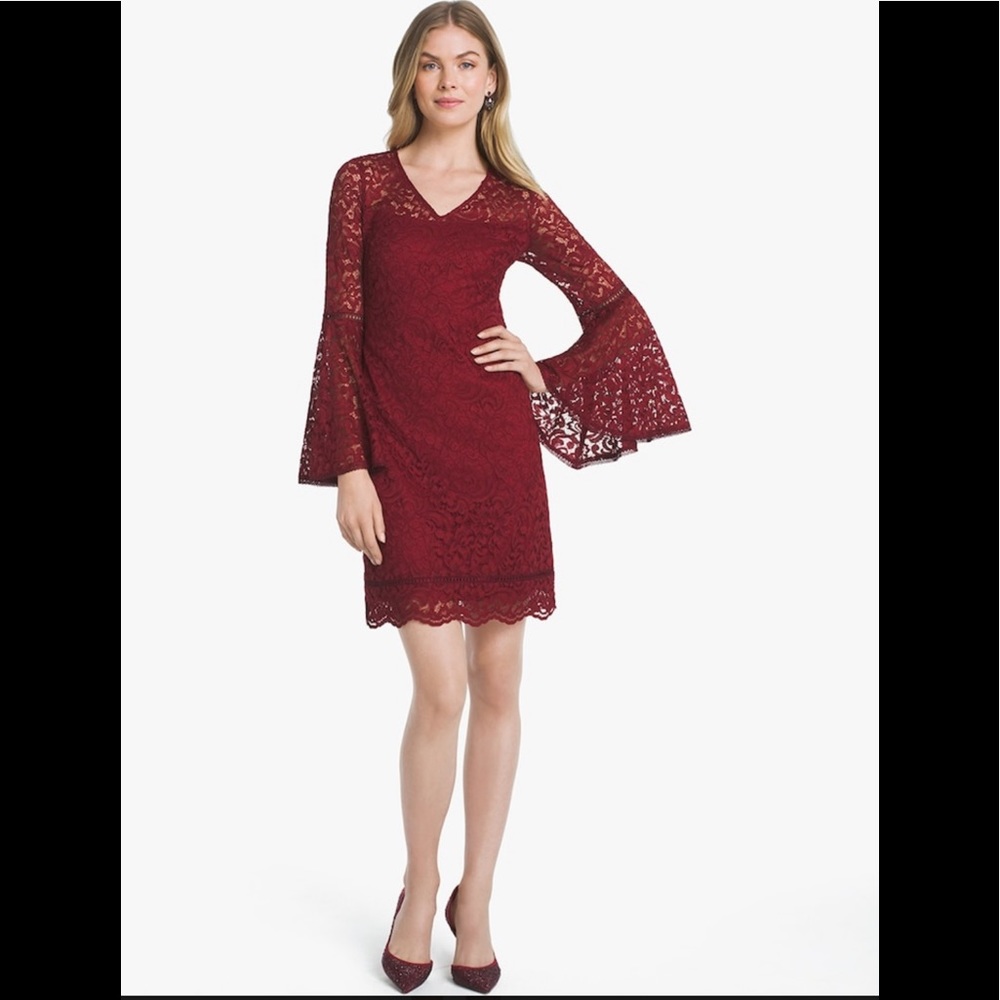 White House Black Market Burgundy Lace Bell Sleeve Dress